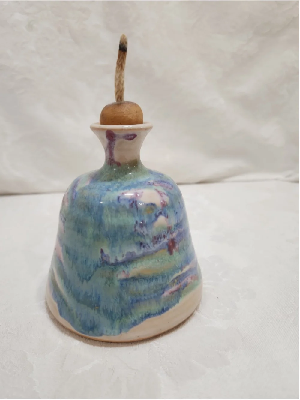 Hand Made Pottery Oil Lamp Signed, Blue, Lavendar, EUC